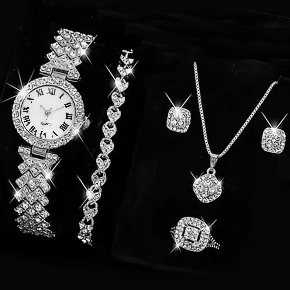 Trendy Unisex Roman Pattern Necklace Diamond Bracelet Fashion 6PCS Quartz Watch Women's Watch Earrings Crystal Ring Women Watch Set