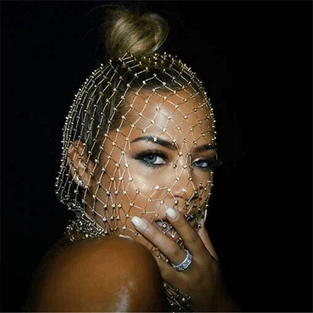 Mask Turban Hat Zircon  Headwrap Rhinestone Mesh Veil Fishnet Headhood Crystal Head Mask