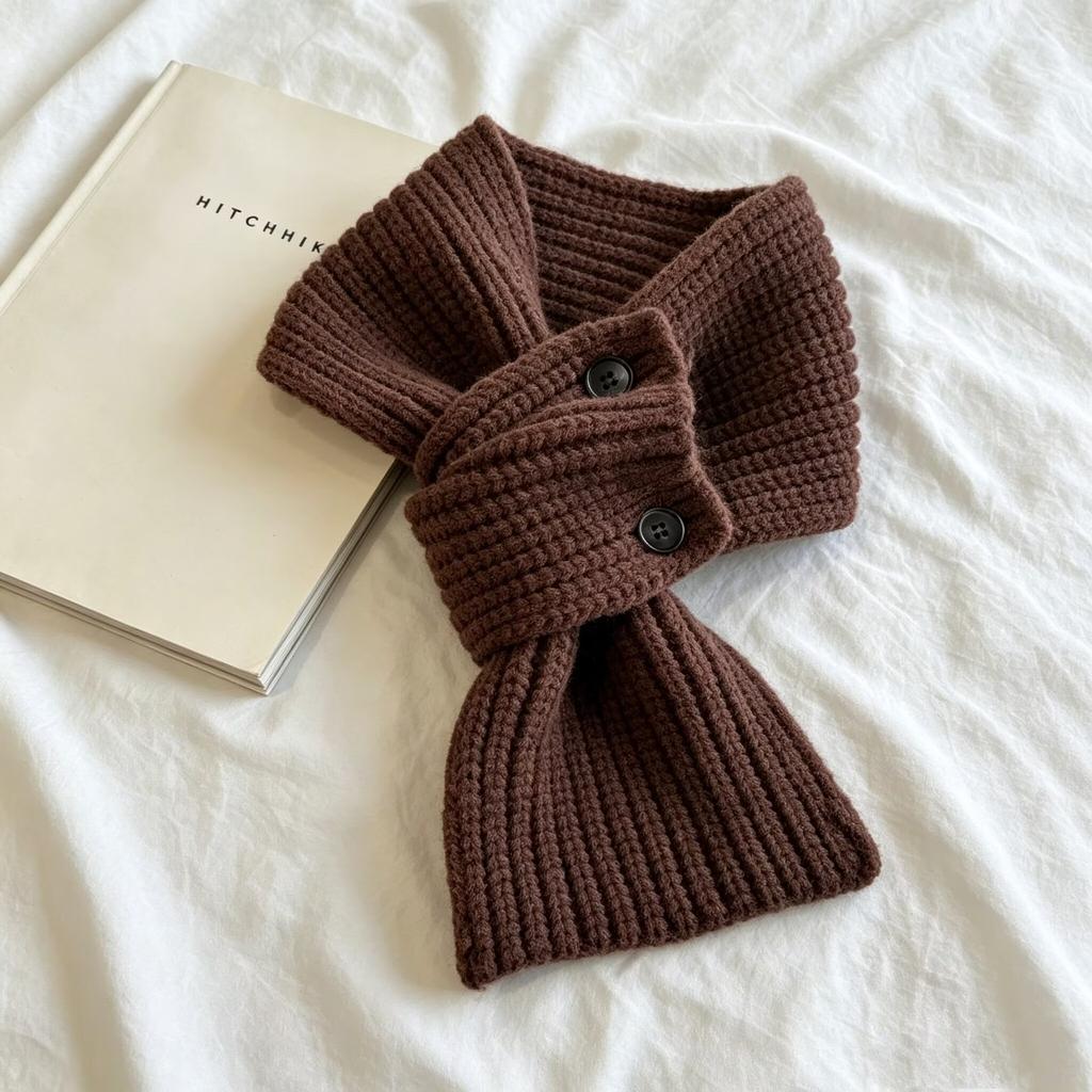 Mini button knitted scarf women's retro cute student scarf solid color warm new neck protective scarf