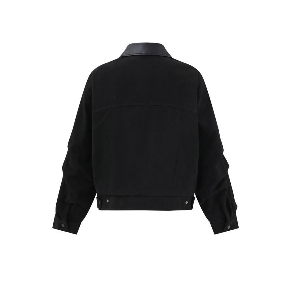 American Trendy Unisex Washed Retro PU Jacket N1581 - Color Block Lapel Workwear Style