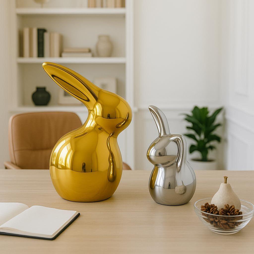 Home Decor Ceramic Cute Golden & Silver Rabbit Figurines (Set of 2, Golden and Silver)