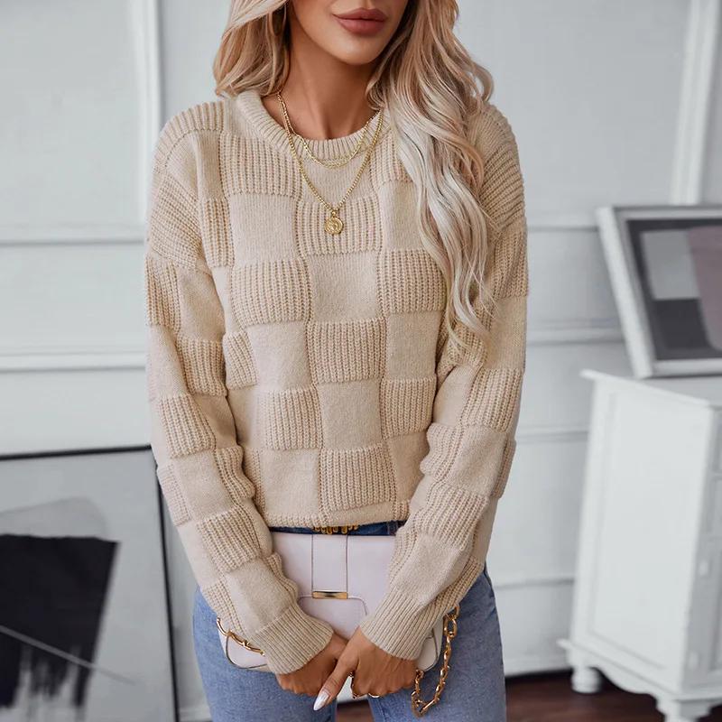 Свитера вязаные женские клетчатые с длинным рукавом толстые пуловеры прямые повседневные сращивания джемперы верхняя одежда элегантная женская осень зима