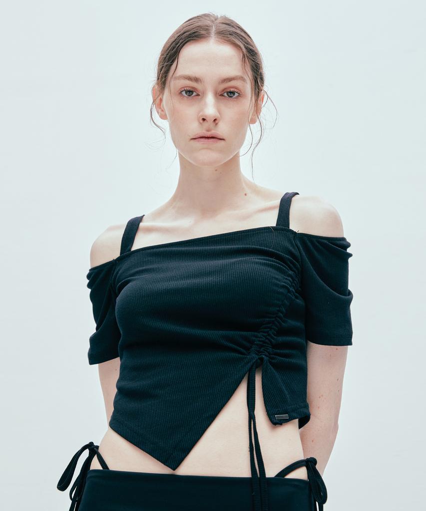 SSY 2-Way Side Shirred Square Neck T-Shirt Black