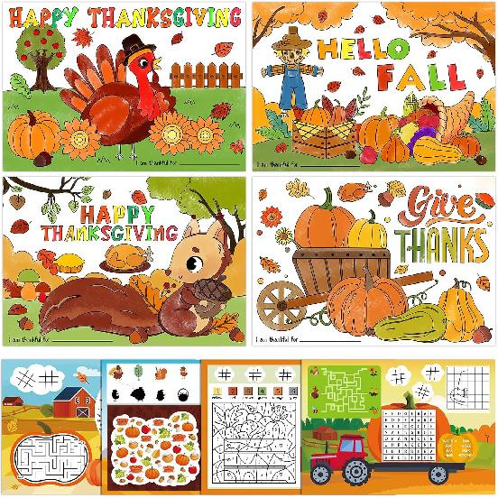 PETCEE Thanksgiving Coloring Placemats - 16PCS 14''x10'' Double-Sided Kids Placemats for Colorful Craft Activity & Party Decorations