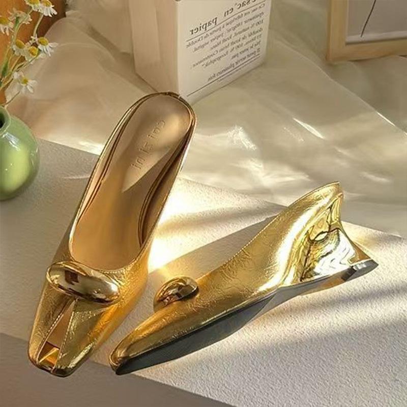 Fish Mouth Bag Head Celebrity Style Metal Soft Leather Half Slippers Outer Wear Women's Summer 2025 New French Square Head Wedge Heel Sandals