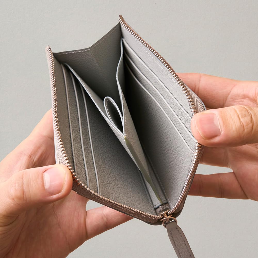 Eponas CONNECT Кожаный кошелек-портмоне Eponas Zip с карманом для хранения AirTag, Натуральная французская козья кожа от Arlan, Круглая молния (Сине-серый + Плечевой ремень)