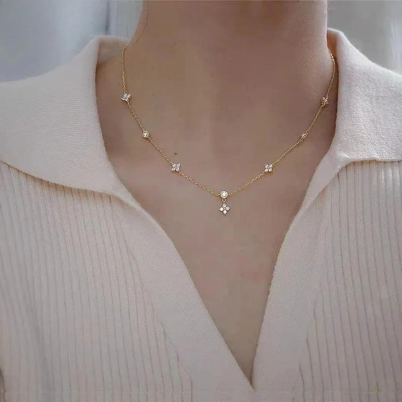 Read Sterling Silver Plated 18K Gold Sparkling Zircon Flower Necklace for Women Girl Exquisite Party Jewelry Gifts