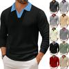 Men's Casual Color-Block Collared Long-Sleeve Knit Base Layer Top
