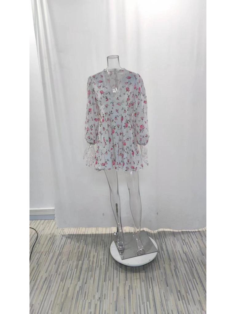 2025 Весна Европейское и Американское Женское Милое Платье с Коротким Рукавом и V-образным Вырезом, с Кружевной Талией