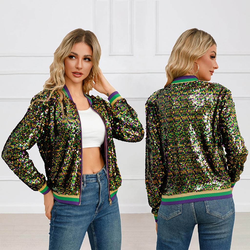 Colour Blocking Sequins Fashion Spring and Autumn Women's Short Baseball Jacket