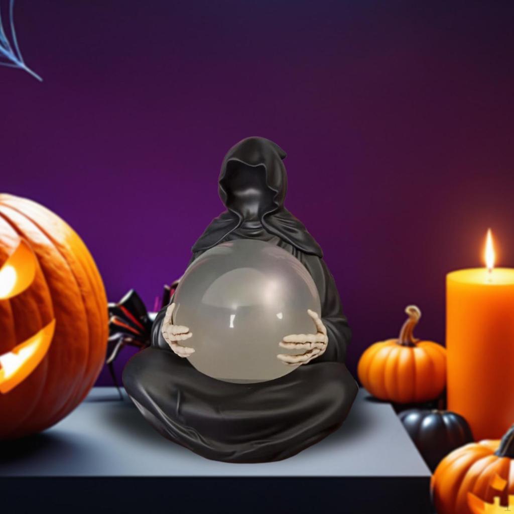 Reaper Statue Halloween Decor LED Glowing Ball Ornament Resin Sculpture The Death God's Figurine for