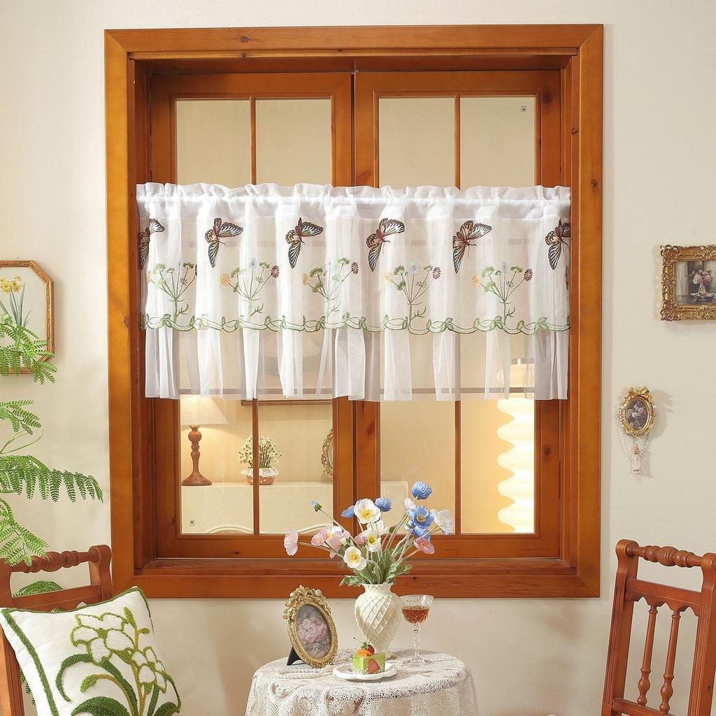 Pastoral flower lace window screen small curtain, kitchen bedroom coffee curtain, partition short curtain embroidered gauze curtain