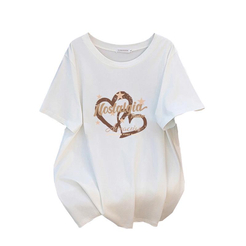 Женская облегающая футболка большого размера средней длины с коротким рукавом - Круглый вырез, Свободный крой (Размеры 200-350 Цзинь)