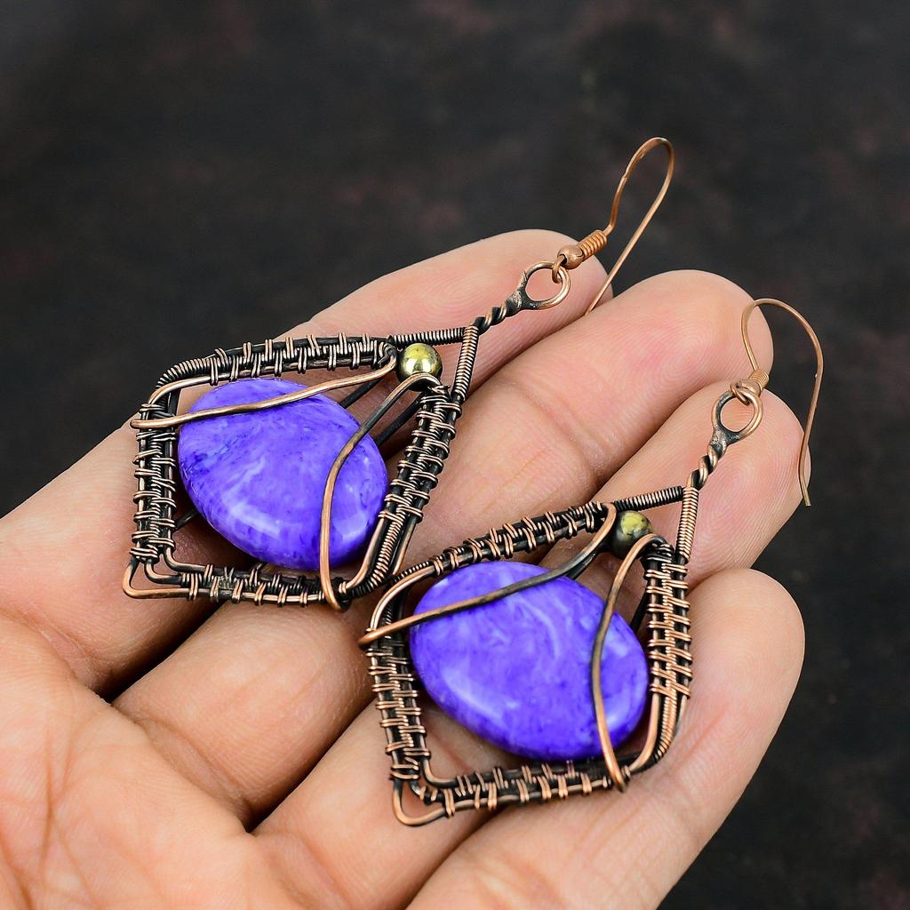 Серьги из чароита, медная проволочная обертка, медные украшения с драгоценными камнями, серьги ручной работы, проволочная обертка, висячие серьги, антикварные ювелирные изделия, подарок для жены