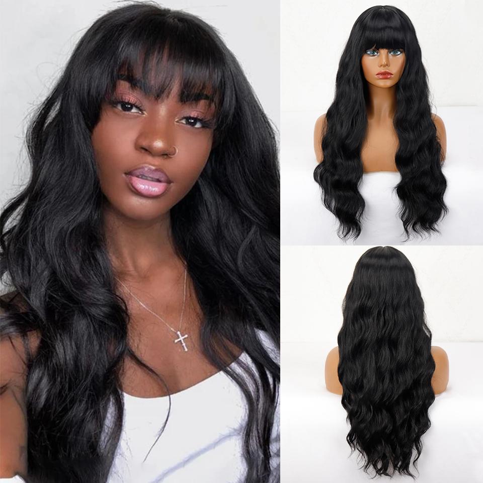 XINRAN Женский длинный волнистый парик с челкой, синтетическое волокно, естественная волна воды, черный длинный парик для повседневной носки, косплей
