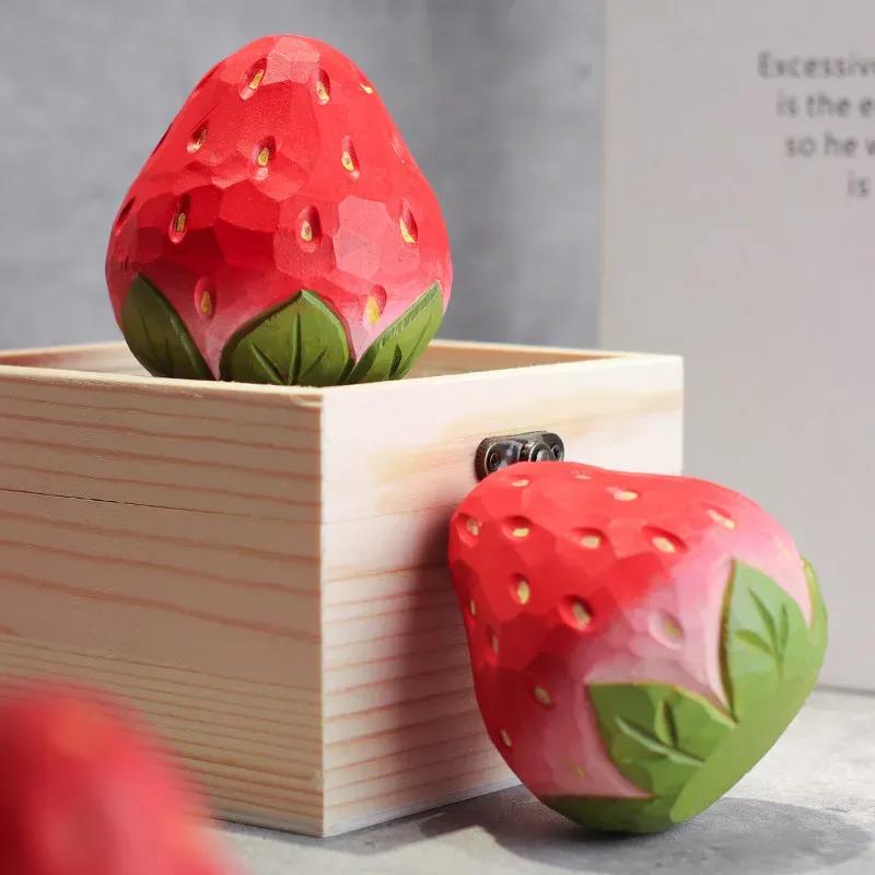 Strawberry Handmade Wood Carving Ornament Household Simple Healing Office Desktop Fruits Ornament Gift for Girlfriend's Birthday