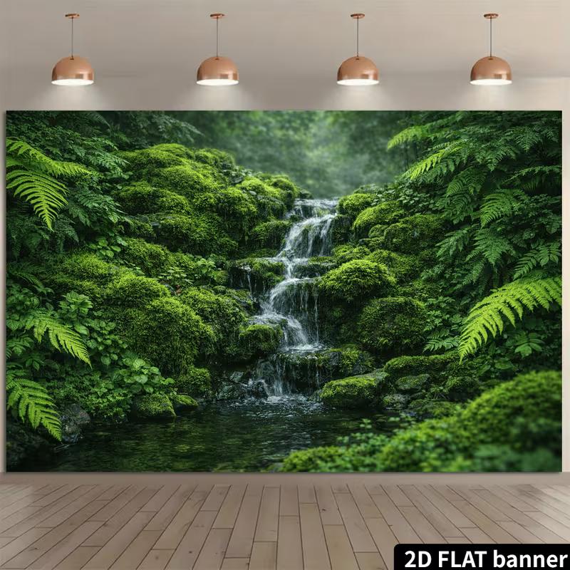 2D Enchanted Mossy Waterfall in Tropical Forest Backdrop Photo Background