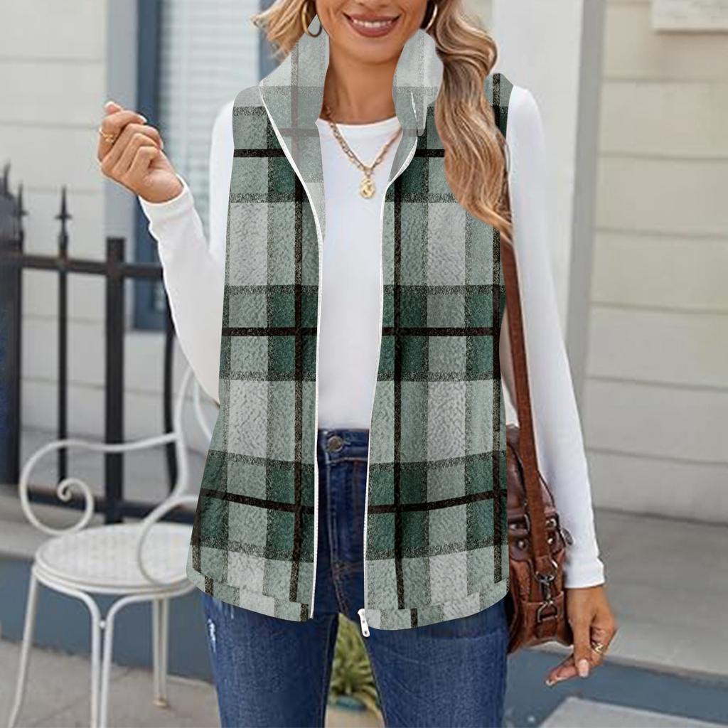 Women's Checked Print Fashionable And Warm Fleece Cardigan Vest Jacket