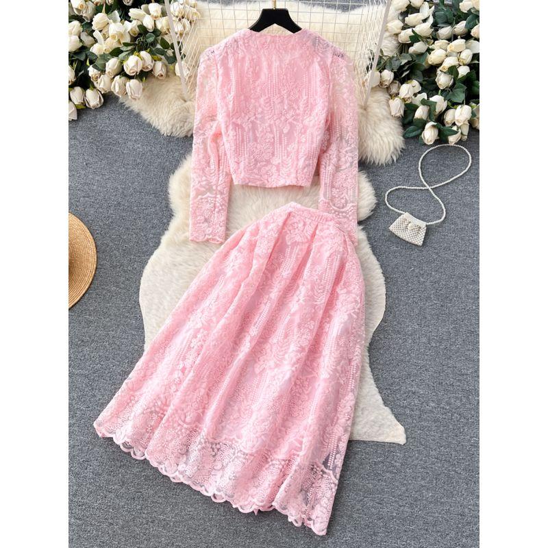 Classic Style round Neck Puff Sleeves Large Swing Autumn Clothing Lace