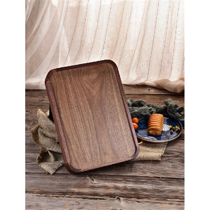 HeMu Rectangular Walnut Wood Serving Tray with Handles - Handcrafted Solid Wood Platter for Breakfast, Coffee & Kitchen Storage