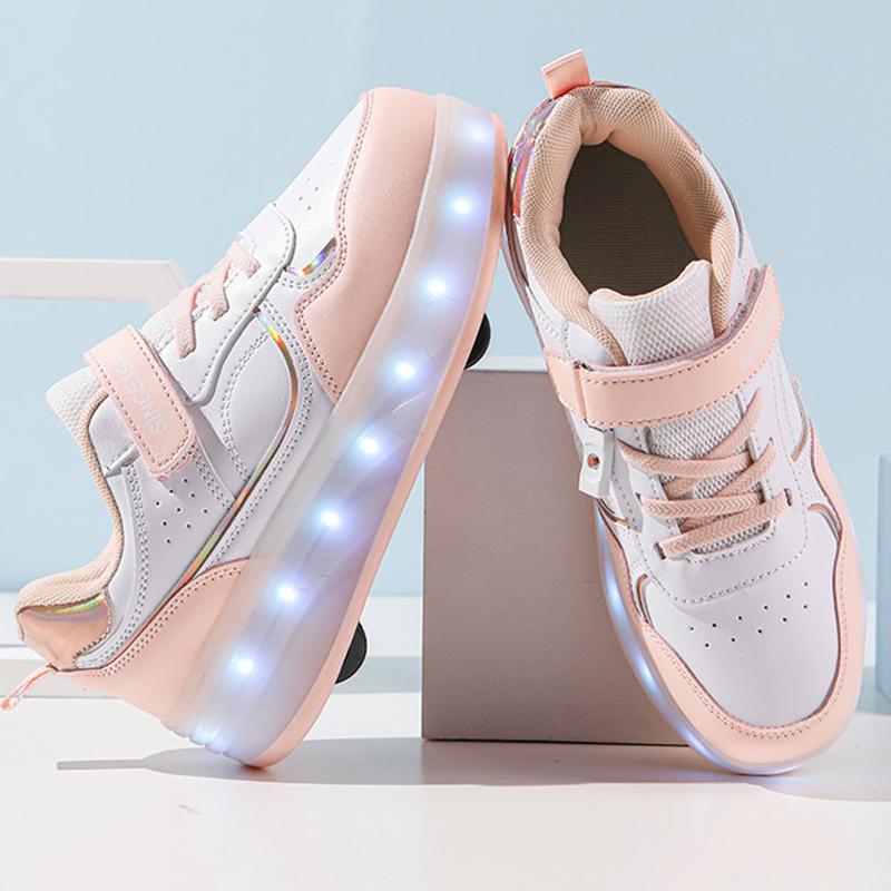 Детская спортивная обувь с подсветкой, натирающая обувь, однотонная волшебная нашивка с зарядкой, двухрядная четырехколесная скользящая обувь