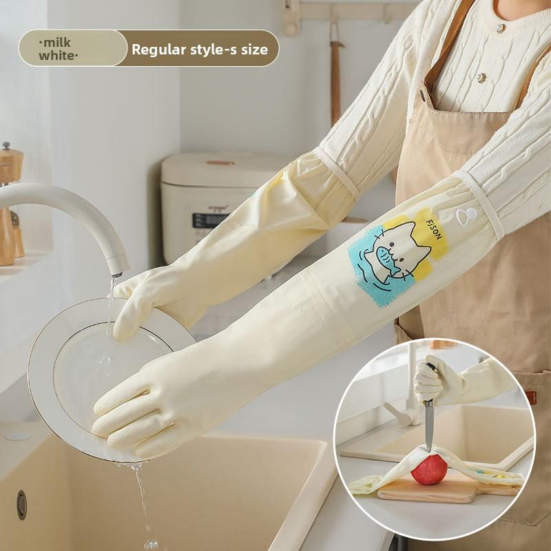 Waterproof Dishwashing Gloves, Thick Rubber Latex for Washing Vegetables, Long-sleeved, Durable, for Scrubbing Dishes, with Fleece Padding