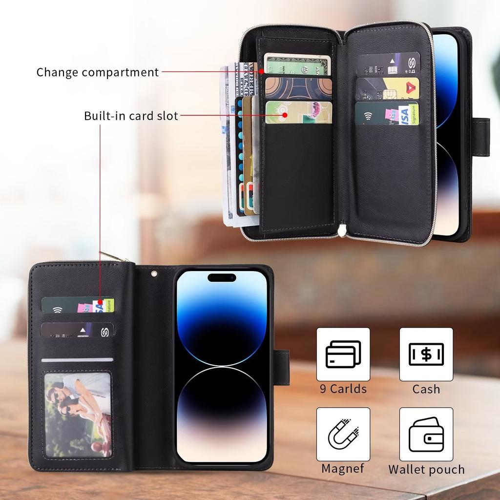 Ультратонкий двухслойный чехол-кошелек с отделениями для карт для iPhone 15 14 13 12 11 XR Samsung S24 S23 S22 S21 A13 A14 A15 A35 A55 A54 Redmi кожаный откидной чехол