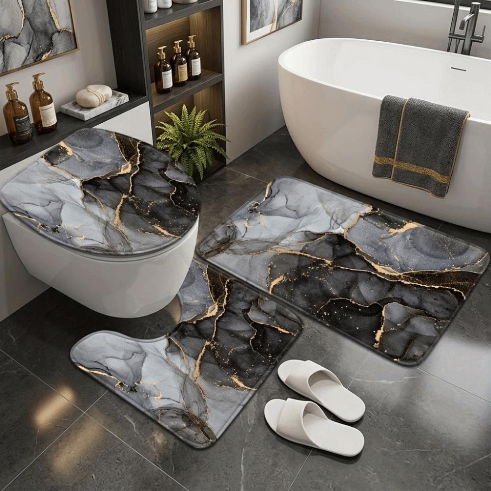 3PCS/SET Super Absorbent Bathroom Mat Marble Pattern Toilet Lid Cover Bath Mat Set Bathroom