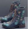 Woman Ankle Boots Embroidery Big Size 43 Flower Boots Autumn Winter Lace Up PU Leather Female Footwear Ladies Shoes