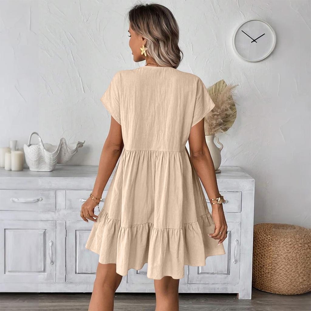 Women's Fashion Casual Slim Covered Sleeve V-Neck Pleated Ruffle Dresses