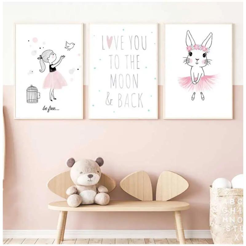 Art Canvas Painting Prints Ballet Girl Bedroom Picture Kids Room Poster Pink Rabbit Children Baby Decor Nursery Wall