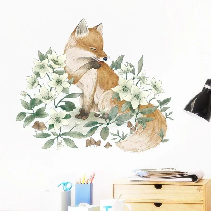 Wall Decoration Sticker 3d Fox Flower Bedroom Self Adhesive Home Decor Living Room Cartoon Animal Wall Art Decals Accessories