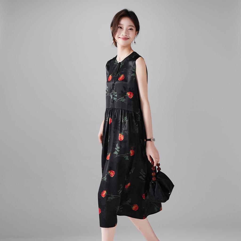 Chinese style jacquard silk dress with mulberry silk, 2026 summer fashion versatile mid to long round neck sleeveless vest skirt