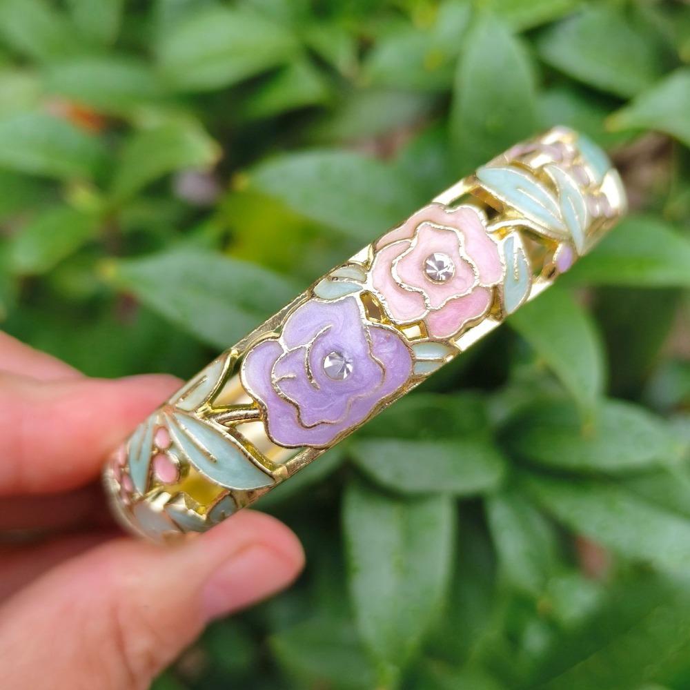 1.4cm Peony Filigree Flower Bangle Wider Women's Hand Bracelet Gifts for Women Girl
