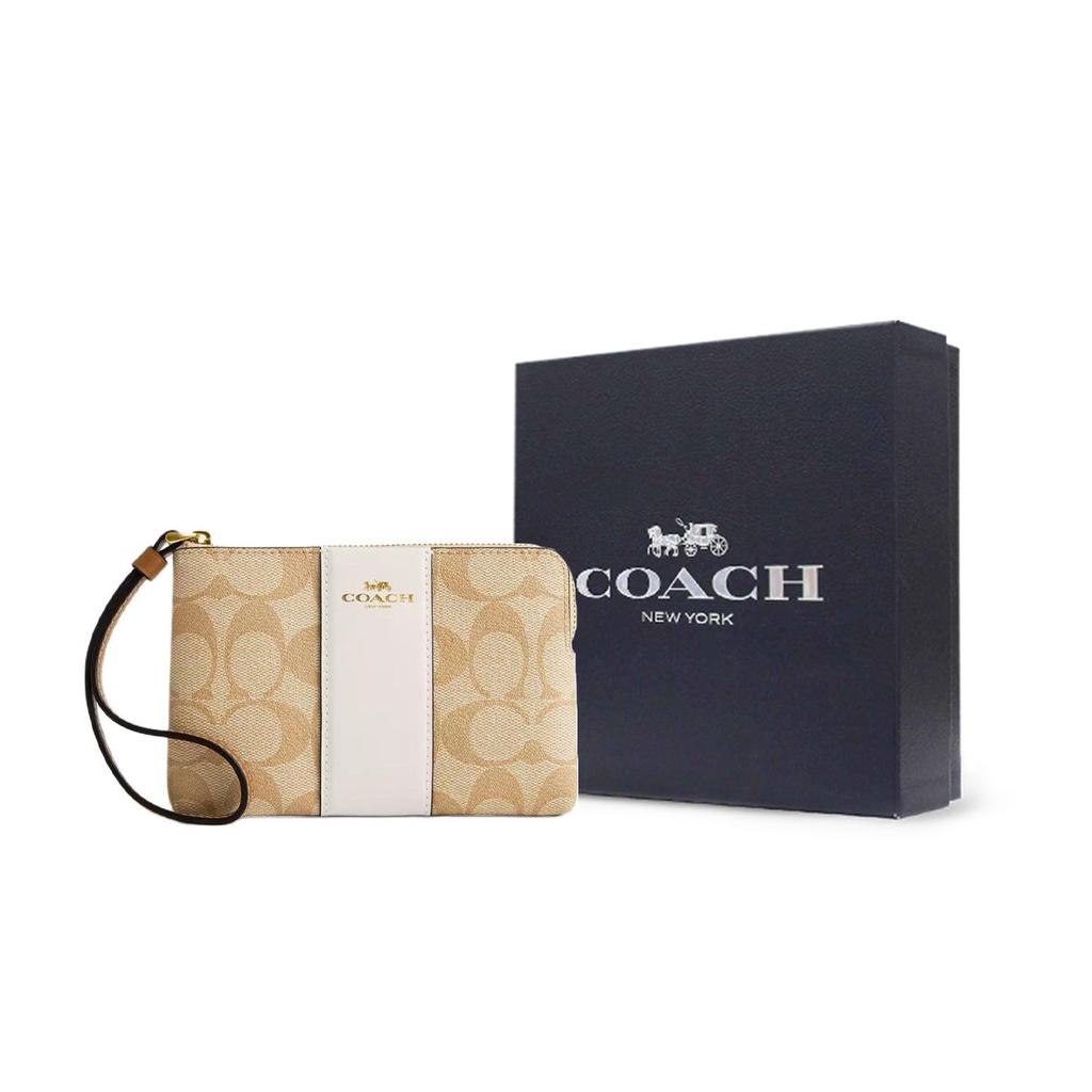 Coach Кошелек-клатч на молнии по углу 15 Полосатый Signature Покрытие из холста и переработанная кожа Клатч Мини Женский клатч Светло-хаки CR945-IMWQJ