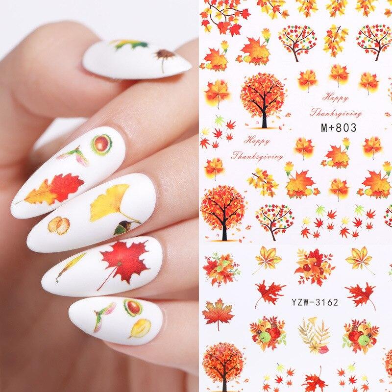 1PC 6.1*5.3cm Watermark Fall Leaves Nail Decals Autumn Yellow Maple Leaf Nail Art Stickers DIY Manicure Slider Decorations