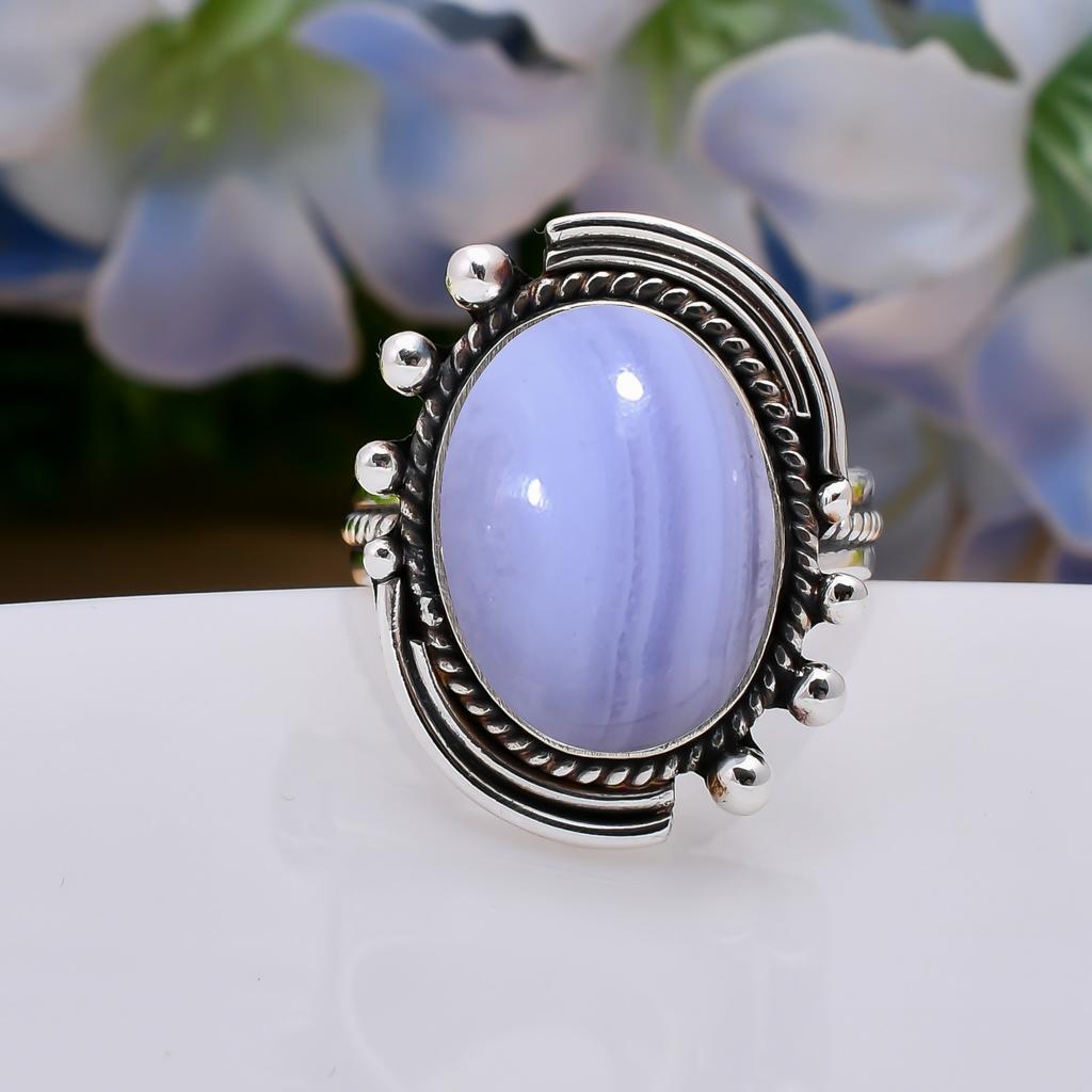 Blue Lace Agate - Namibia 925 Sterling Silver Ring V5008, Blue Ring, Oval Ring, Valentin's Day Gift, Gift For Her, Birthday Gift, Handmade Jewelry, Si