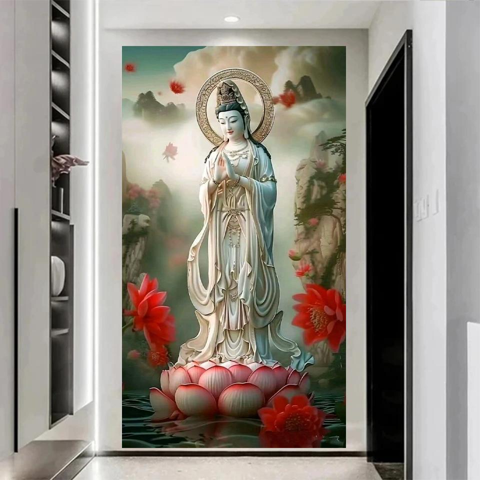 Цветная статуя Будды Гуаньинь, вышивка своими руками, полный квадрат/круглый бриллиант 5d, вышивка крестом, мозаика, буддийское зачатие, лотос