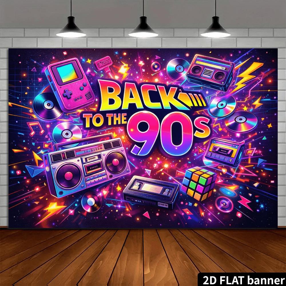 2D Flat Banner - Retro 90s Music Party Background Fabric Design in Graffiti Style