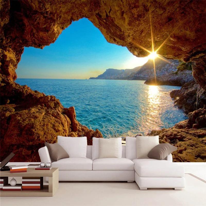 3d обои стерео морской пейзаж фреска риф пещера фреска гостиная спальня расширение пространства фон обои