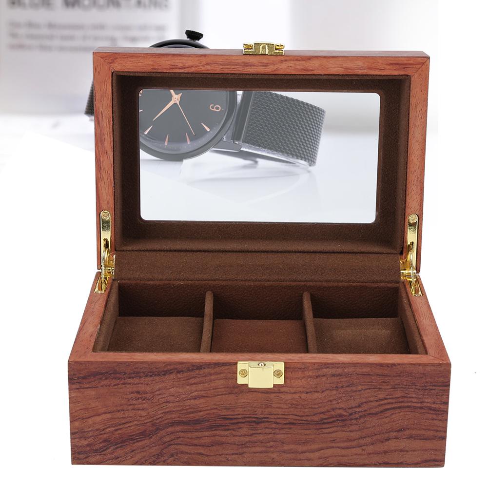 Wooden 3 Grid Watch Display Box Transparent Window Anti‑Slip Watch Storage Box
