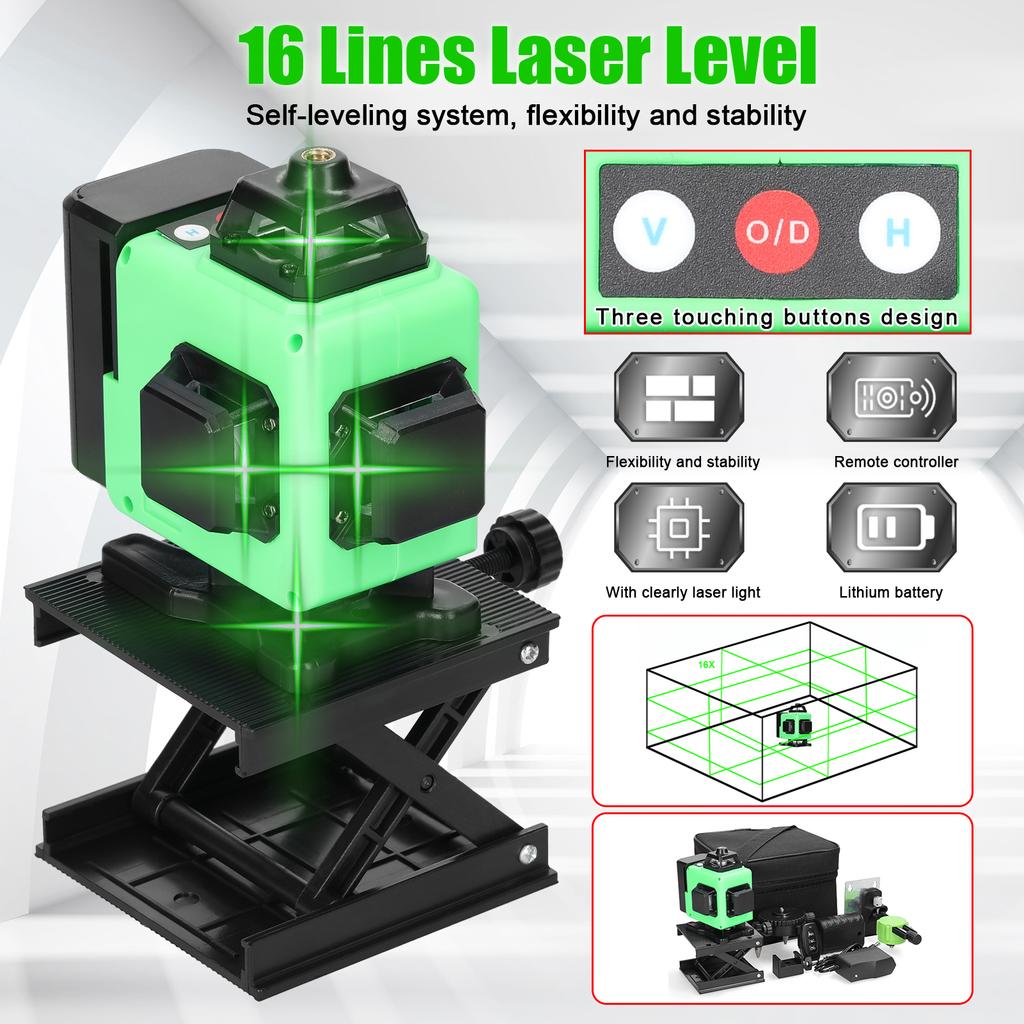 Многофункциональный 16-линейный лазерный уровень, 3 градуса, самовыравнивающаяся машина, перезаряжаемая литиевая батарея, нивелирующая машина