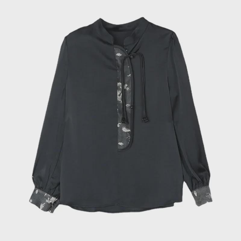 Women's Spring 2024 Satin Retro Long-Sleeve Shirt - Light National Style Top