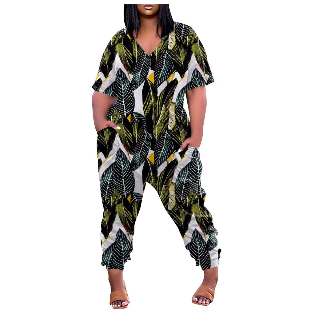 Женские повседневные комбинезоны на молнии с V-образным вырезом и короткими рукавами больших размеров с карманами, широкие длинные комбинезоны