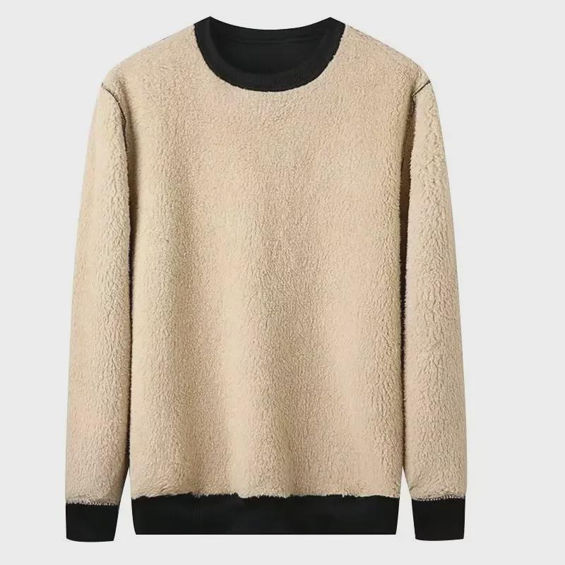 Мужская флисовая толстовка больших размеров из бархата — теплая, свободного кроя, с круглым вырезом, на осень/зиму