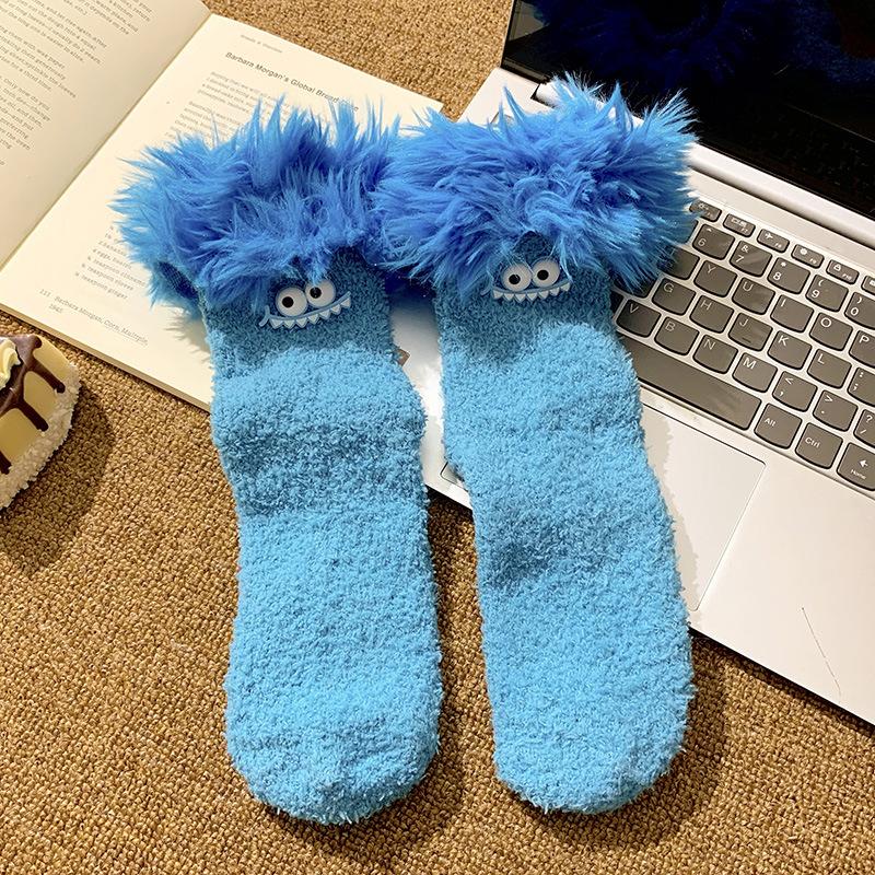 Crazy Big Mouth Monster Plush Socks Thickened Coral Fleece Cartoon Sleep Socks Winter Warm Soft Home Socks for Women Girls