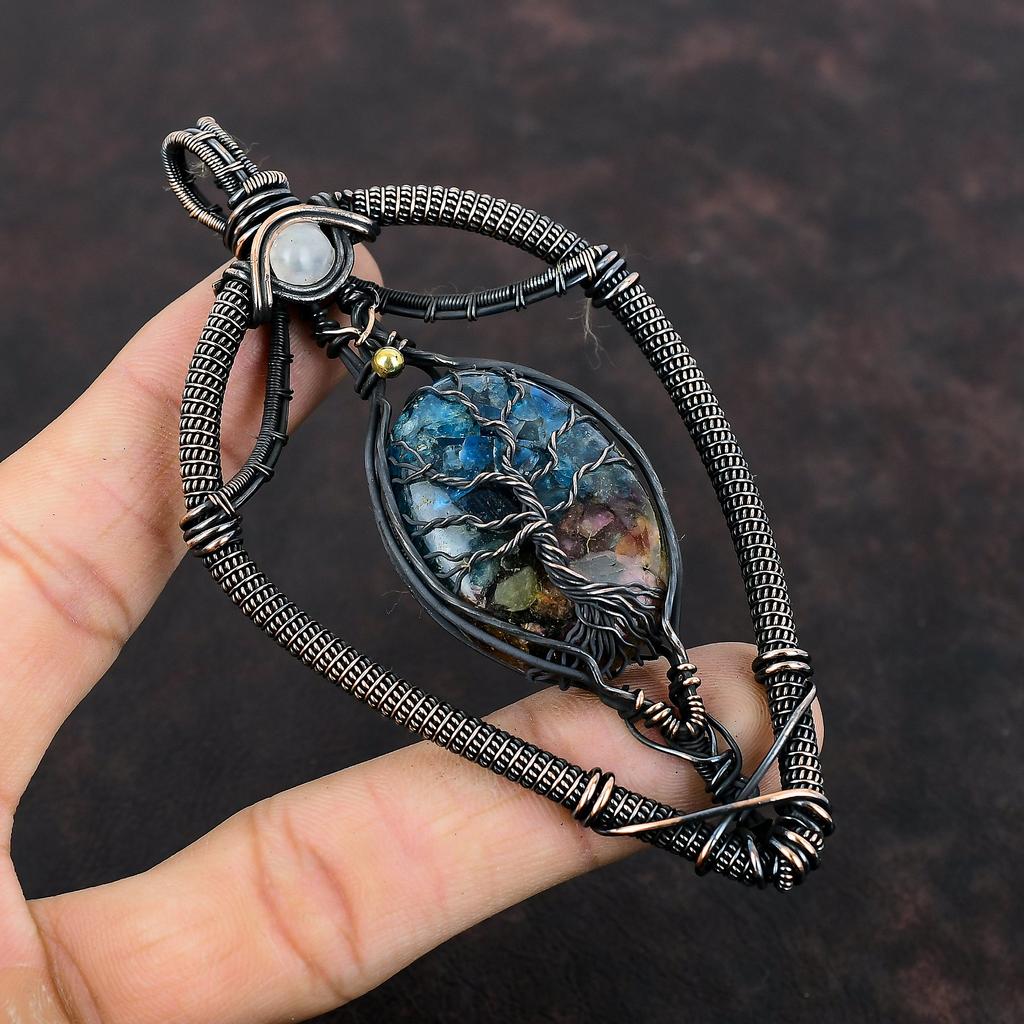 Подвеска «Дерево жизни» с арбузным турмалином, медная проволока, подвеска с лунным камнем, подвеска из драгоценного камня, ручная работа, медная проволока, подарок для него