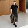 MODIQUE Summer Plus Size New Women Loose Basic T-Shirt Pleated Silk Patchwork Long Dresses Female Casual Short Sleeve O-Neck Dresses