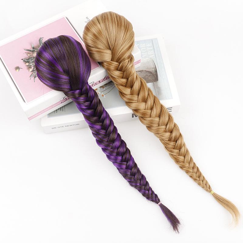 Jeedou Ponytails Hair Braided Plaited Fishtail Fishbone Drawstring Ponytail Extension Rainbow Colorful Chignon Hairpiece