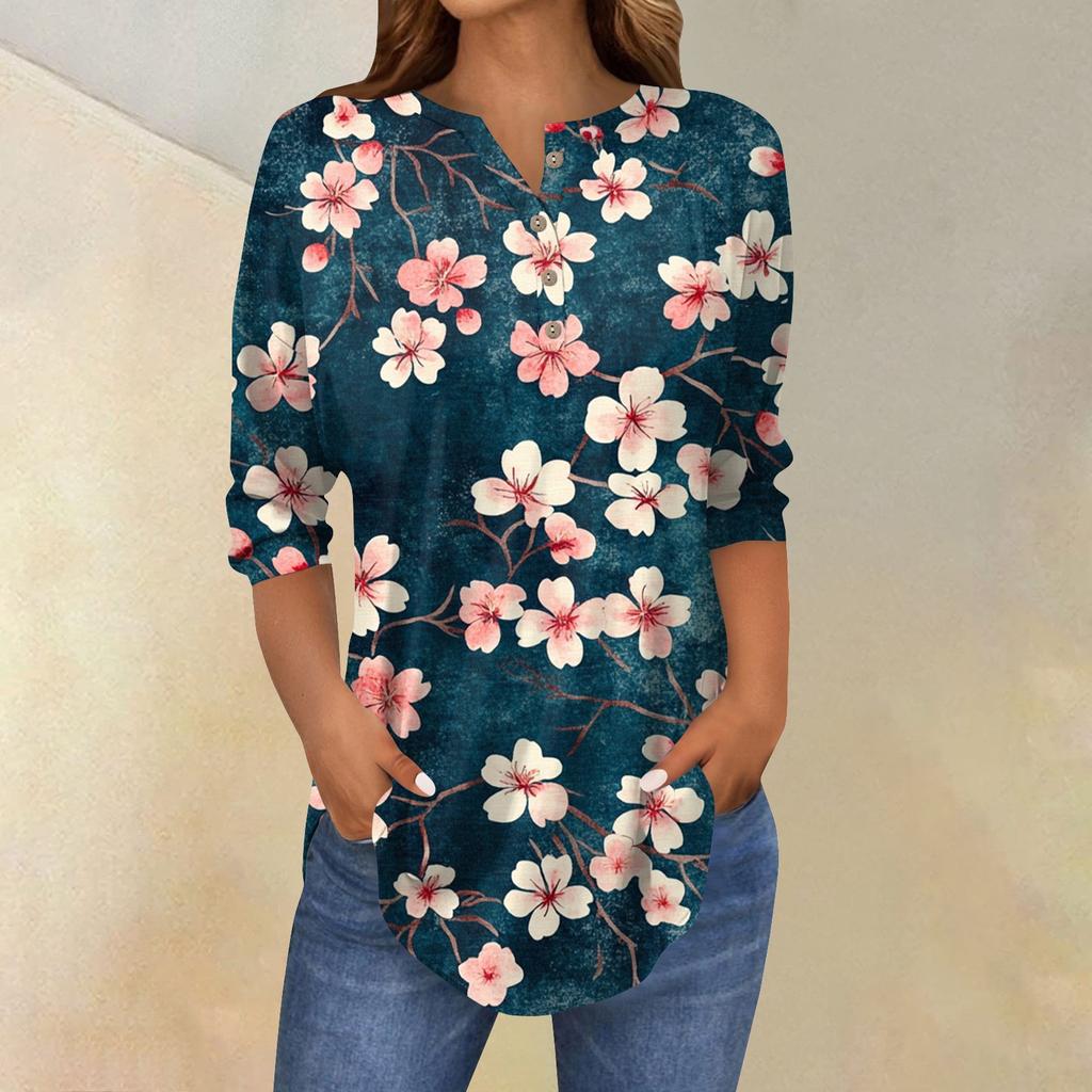 Женская мода свободный воротник на пуговицах с принтом рукав 3/43/4 футболка топы пуловер